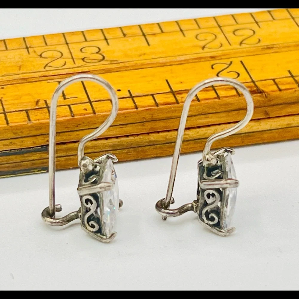 Simple artisan 925 silver shepherds hook rectangular clear rhinestone earrings